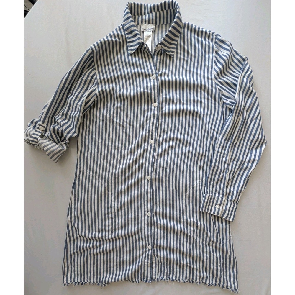 Tommy Bahama Blue White Striped Roll Tab Shirt Dress Wos Sm Fringed Hem Viscose
